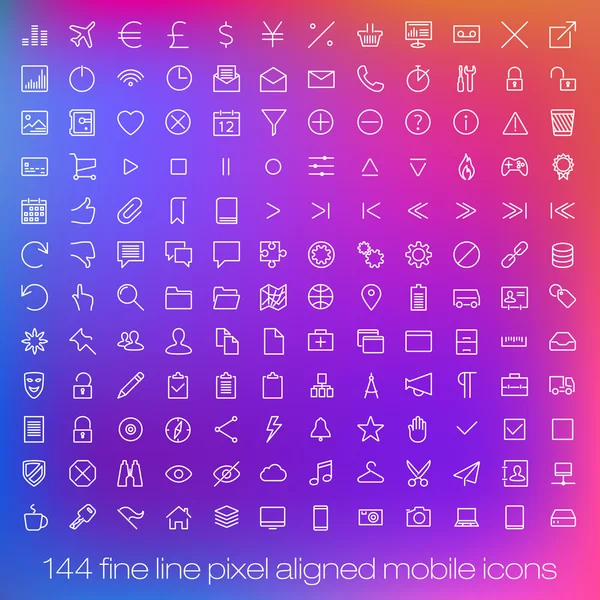 144 snijkant moderne iconen voor mobiele interface. fijne lijn pixel uitgelijnd slimme telefoon ui pictogrammen met variabele lijndikte. — Stockvector