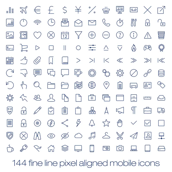 144 icônes modernes de pointe pour interface mobile. Fine ligne pixel aligné icônes ui mobiles avec largeur de ligne variable . Vecteur En Vente