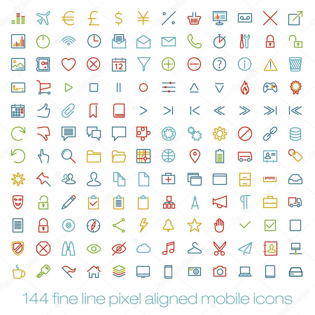 144 cutting colored retro vintage icons for mobile interface. Fine line pixel aligned mobile ui icons with variable line width.