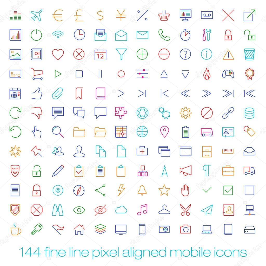 144 cutting colored retro vintage icons for mobile interface. Fine line pixel aligned mobile ui icons with variable line width.