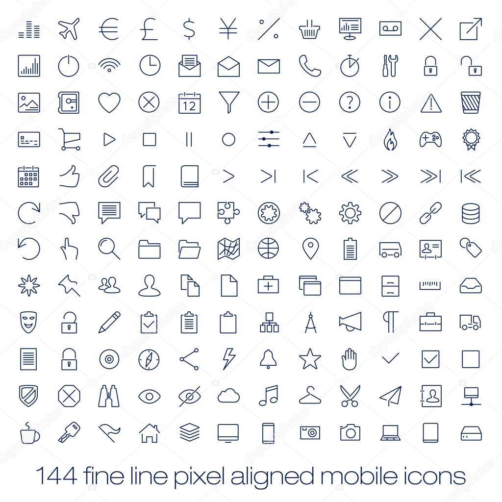 144 cutting edge modern icons for mobile interface. Fine line pixel aligned mobile ui icons with variable line width.