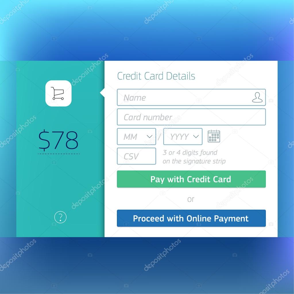 Shopping cart, check out, credit card payment website interface template design. Transparent user interface, ui buttons.