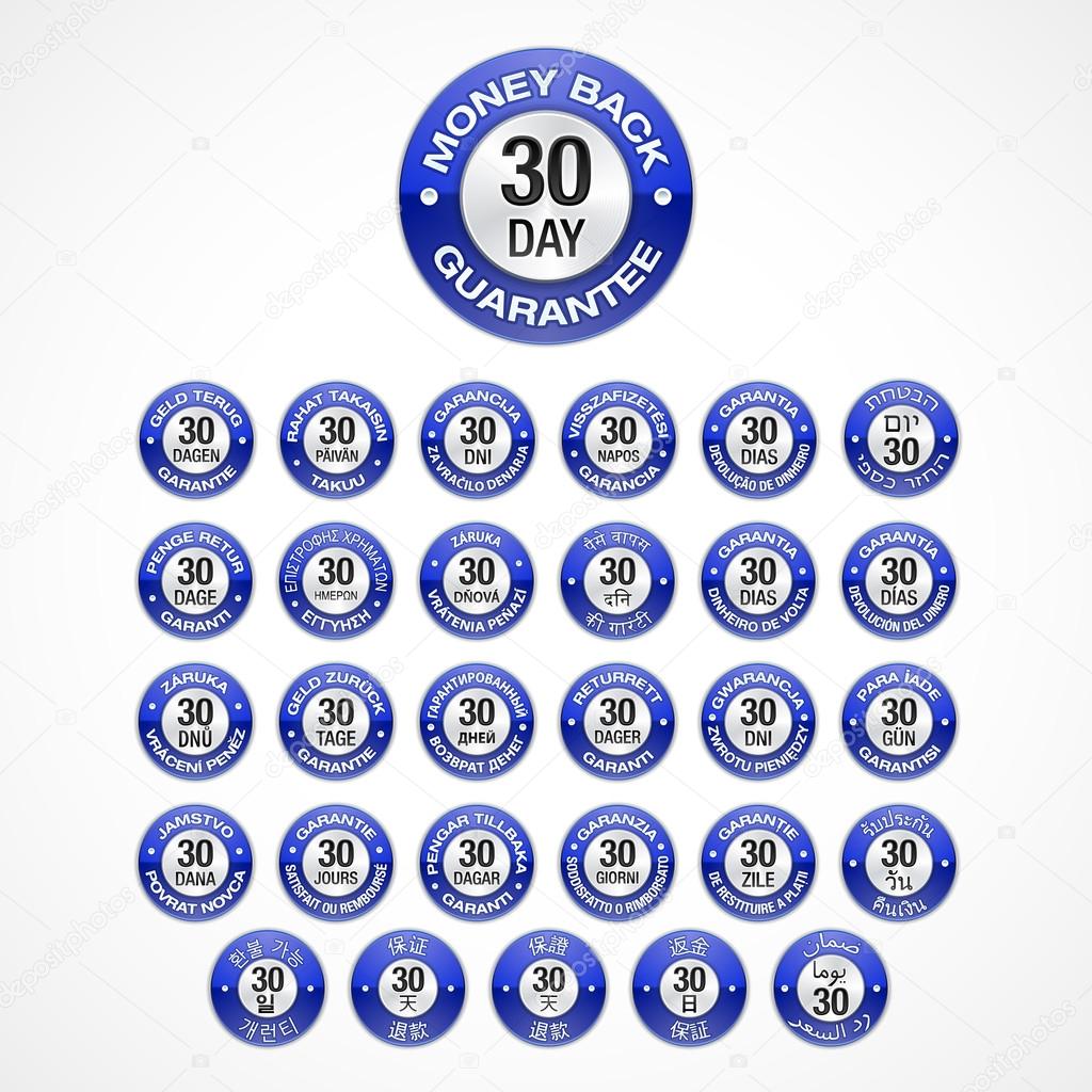 30 Days Money Back Guarantee badges icons in 30 languages (eng, he, ar, th, tr, es, sv, sl, sk, ru, ro, pt, pb, pl, no, it, hu, hi, el, de, fr, fi, nl, da, cs, hr, zh, zg, ko, ja).