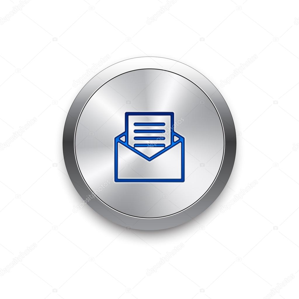 Polished silver metal mail envelop button. Send message vector icon for address or contact information.