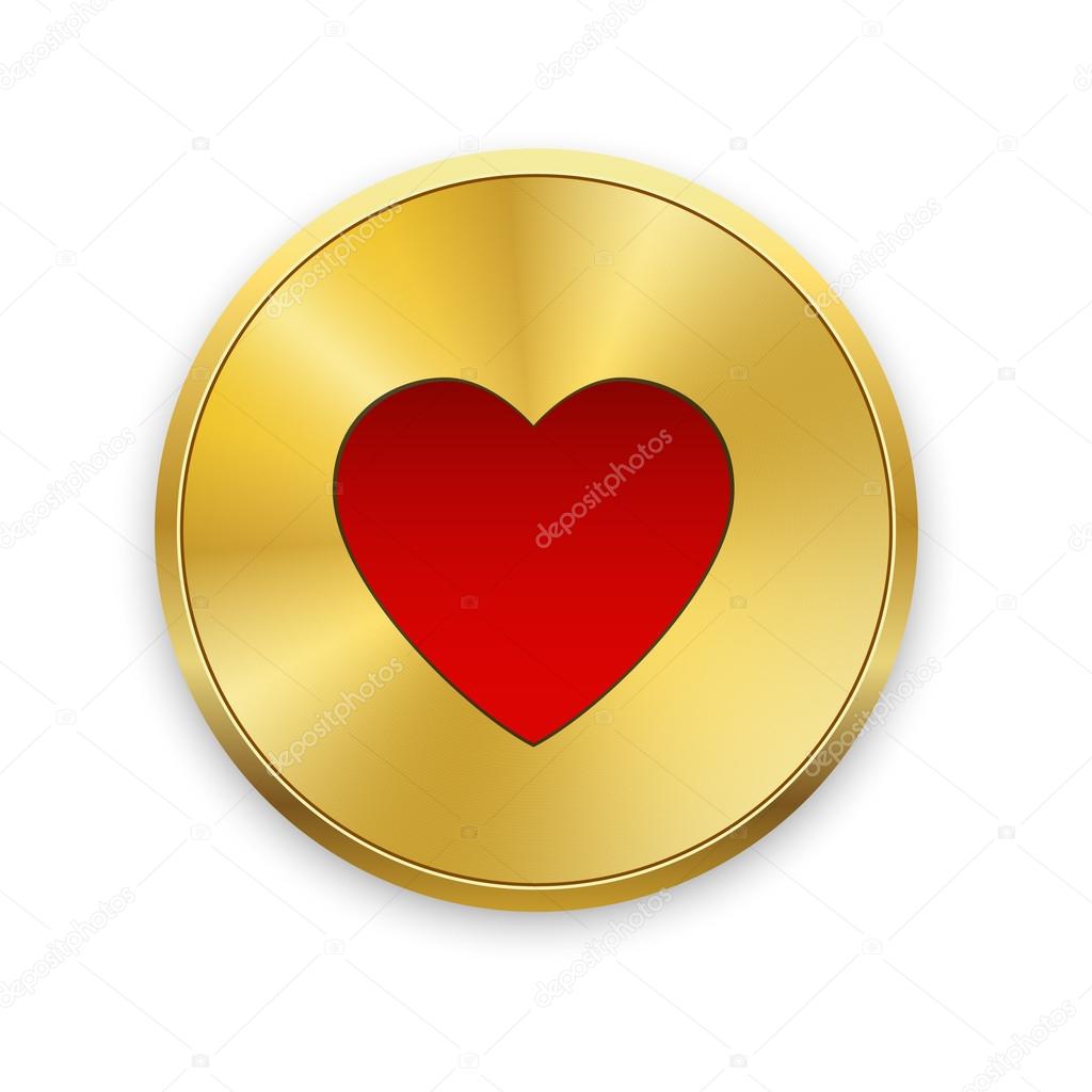 Red heart on gold metal badges. Valentines day. Vector background.