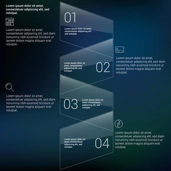 Conception moderne Modèle infographique de style minimal mise en page. Infographies, bannière numérotée, lignes de découpe horizontales, vecteur de mise en page graphique ou site Web avec icônes sur fond flou . — Image vectorielle