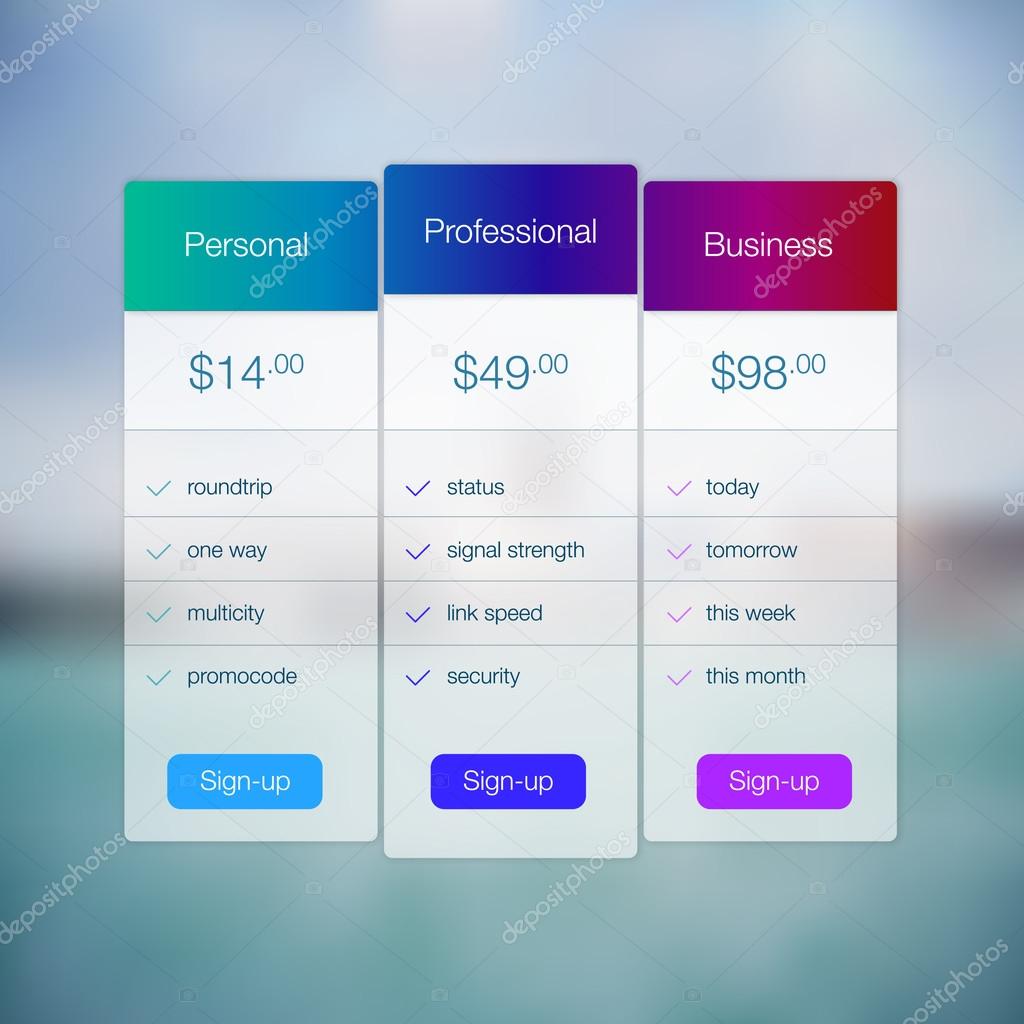 Modern website ui template design. Transparent app user interface price list widget buttons on minimalistic backdrop. Vector editable webdesign elements on blurred background with icons.