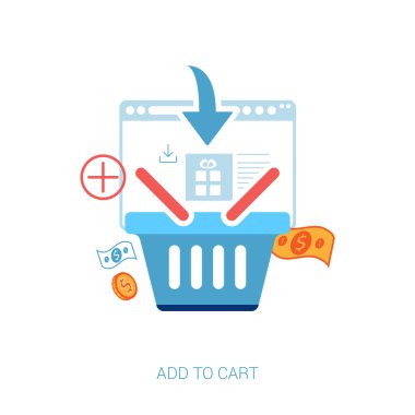 Flat design icons for online shopping. Add to basket, bag or cart e-commerce vector illustration concept.