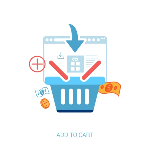 Iconos de diseño plano para compras en línea. Añadir a la cesta, bolsa o carrito comercio electrónico vector ilustración concepto . — Vector de stock