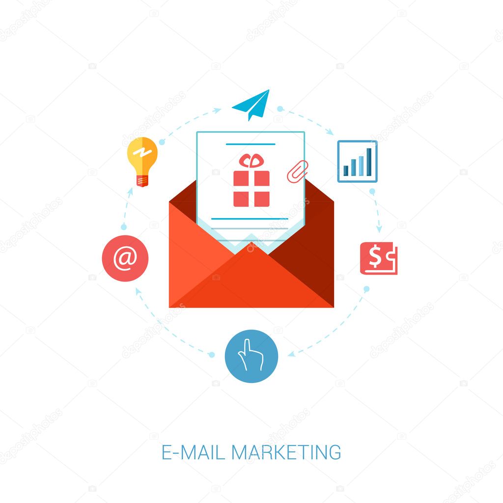 Set of modern flat design icons for e-mail marketing and news letter advertising. Marketing message with idea, at, address, wallet, analytic, point, click and tap concepts vector illustration.