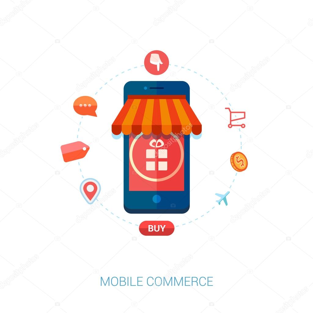Set of modern flat design icons for mobile or smartphone commerce. Online mobile shopping and on the go purchase icons.