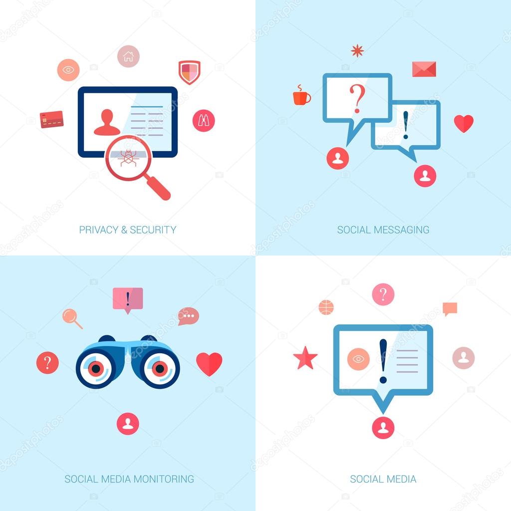 Set of modern flat design icons on the topic of social networks, messaging, brand monitoring, privacy protection and safety.