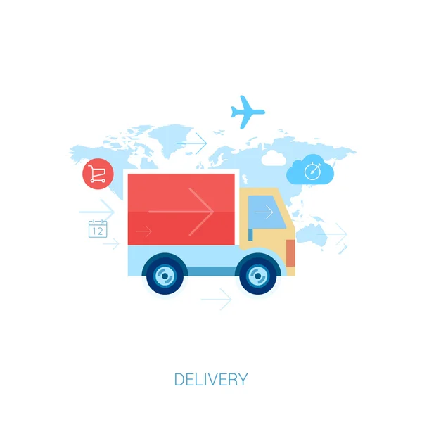 Conjunto de iconos de concepto de diseño plano para compras en línea y entrega de compra. Camión o camión sobre mapa del mundo . — Vector de stock