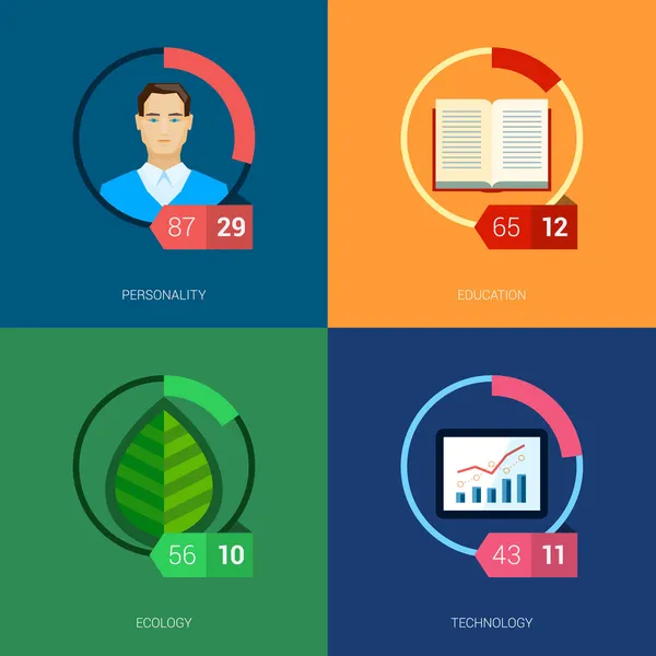 Modelo de infográfico de ícone plano definido para educação, estatística, pessoa, ui, ecologia e meio ambiente. Ilustração do gráfico de torta do setor de proporção parcial por inteiro . —  Vetores de Stock