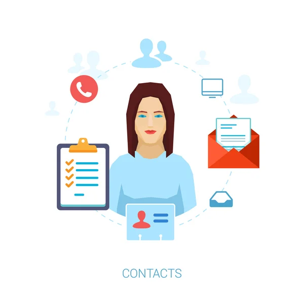 Contactpersonen directies, adresboek, taakoverdracht, telefoonnummers en e-mail adressen plat pictogrammen vectorillustratie. — Stockvector