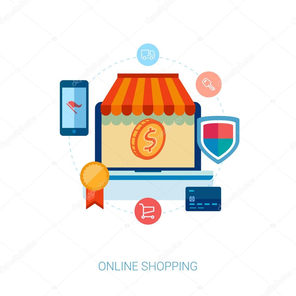 Set of flat design concept icons for online shopping. Icons for online shop, add to bag, browse goods, products in web shop. Search online shop.