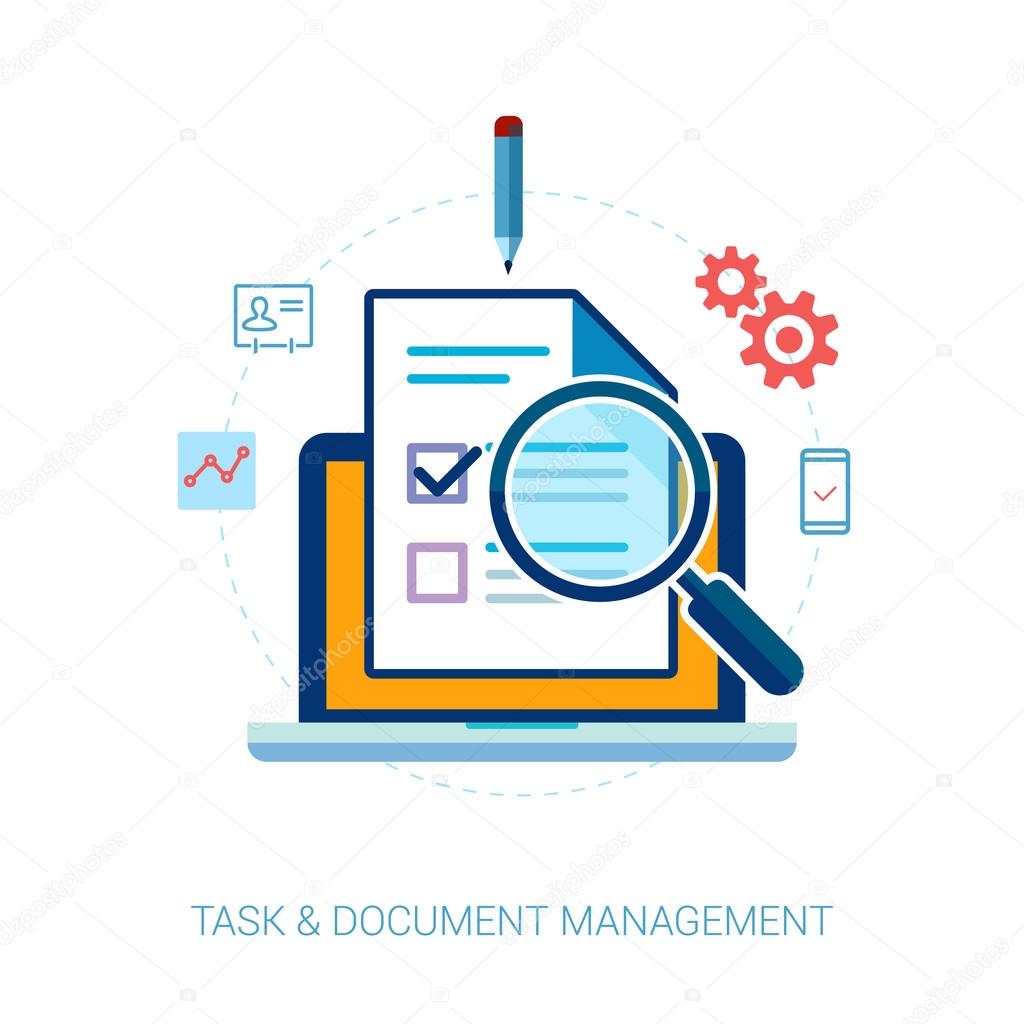 Tasks, contacts, document search, management and getting things done flat icons vector illustration.