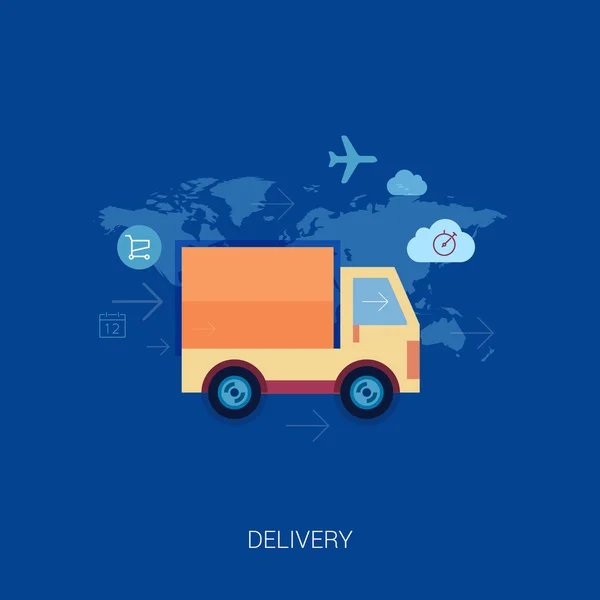 Online alışveriş ve satınalma teslimat için düz tasarım konsepti simgeler kümesi. kamyon ya da kamyonet dünya haritası üzerinde. — Stok Vektör