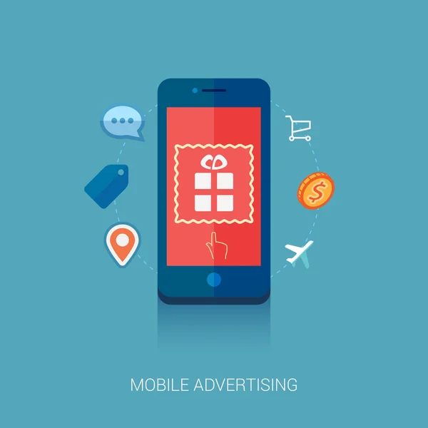 cep telefonu veya smartphone reklam için modern düz tasarım simgeler kümesi. Banner veya görüntülü reklam telefon dokunmatik ekran ile konuşma balonu, tag, pin, para madeni para, online alışveriş sepeti göster ve simgeler seyahat.