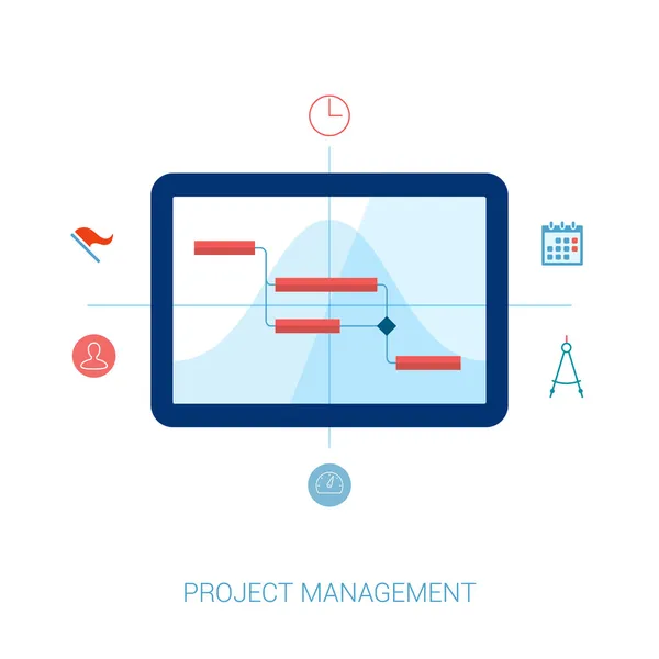 Platt stil projektledning, planering, resursfördelning och Gantt-schema på datorn vektor ikoner illustration. — Stock vektor