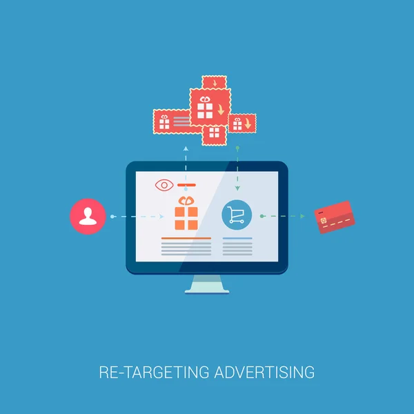 Set di moderne icone di design piatto per il re-targeting e re-marketing pubblicità online. Motore di ricerca e contesto dello shopping online concetto di illustrazione ad vector . — Vettoriale Stock