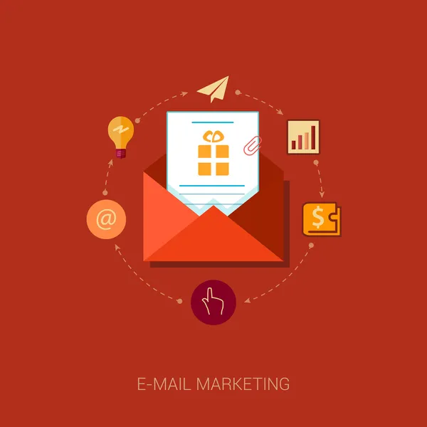 Conjunto de ícones de design plano moderno para e-mail marketing e publicidade carta de notícias. Mensagem de marketing com ideia, em, endereço, carteira, analítico, apontar, clique e toque conceitos ilustração vetorial . Vetor De Stock