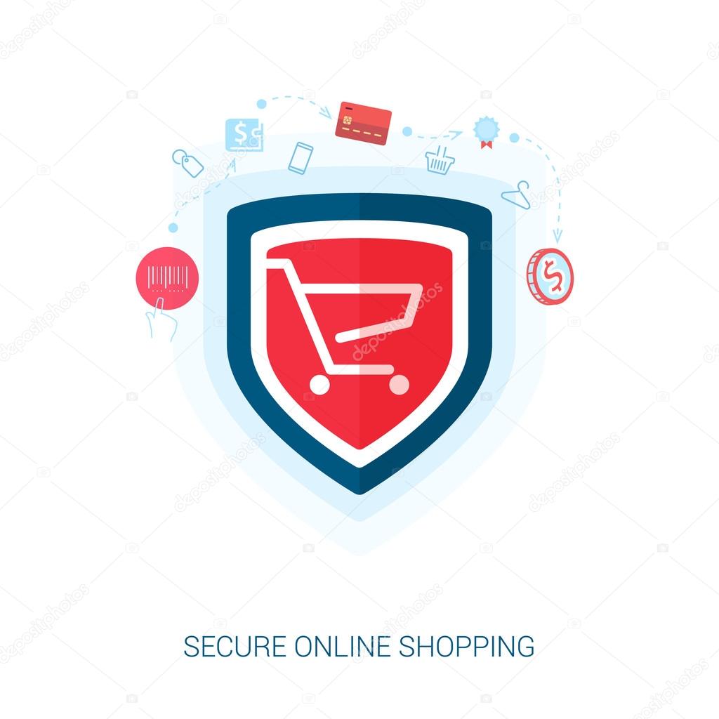 Set of flat design concept icons for secure online shopping. Teaser or splash screen illustration for safe the add to cart or payment transaction in e-commerce web site.