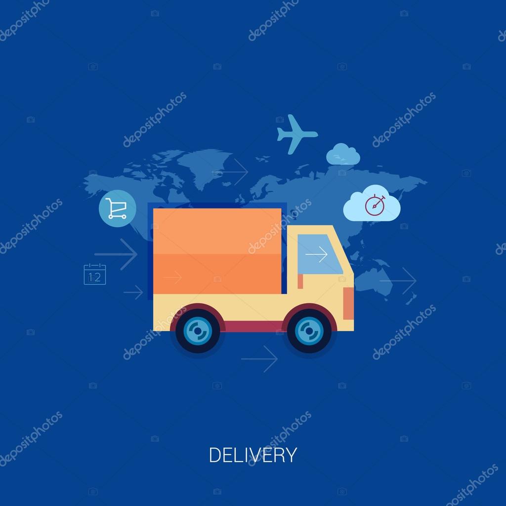 オンライン ショッピングや購入の配信のためのフラットなデザイン コンセプト アイコンのセットです 大型トラックや世界地図上のトラック ストックベクター C Dikaya Miau