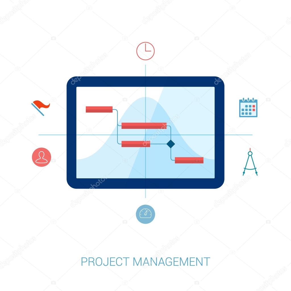 Flat style project management, planning, resource allocation and gantt chart on computer vector icons illustration.