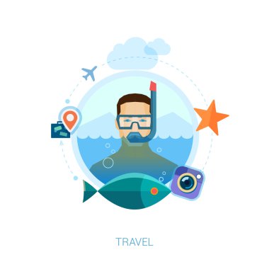 Snorkeling man over sea waters vector illustration. Modern flat design icons concept for travel, leisure, vacation, swimming and diving, fishing and tropical holidays. clipart