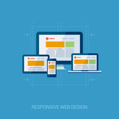 web ve mobil servisler için düz tasarım konsepti simgeler. internet duyarlı reklam için Apps simgeler web tasarım ve grafik tasarım. Tablet, laptop, cep telefonu ve Masaüstü Ekran simgeleri.