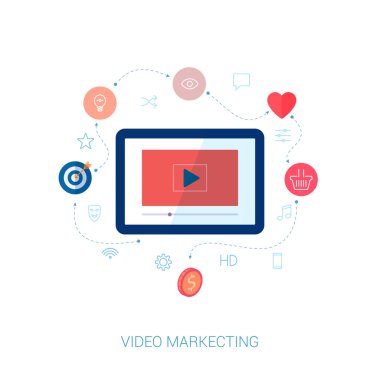 modern düz tasarım simgeler web video konu üzerinde set ve sosyal pazarlama tanıtım filmi.