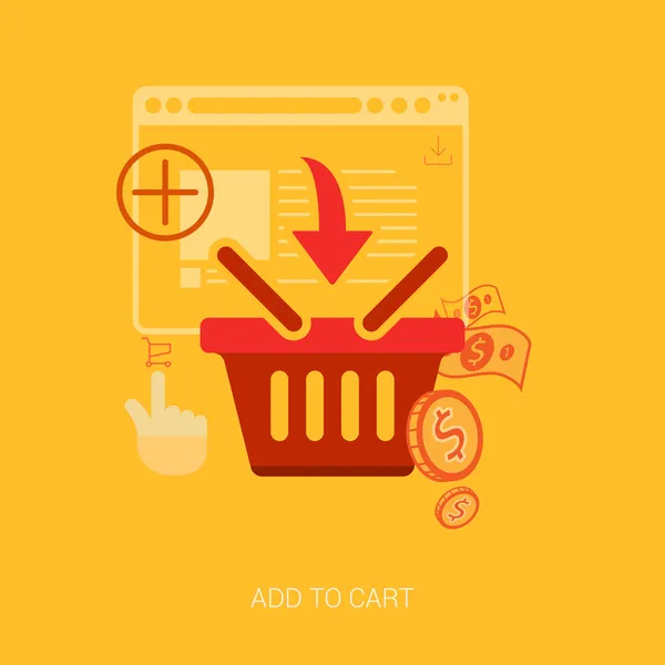 Ícones de design plano para compras online. Conceito de ilustração vetorial de carrinho, saco ou cesto . — Vetor de Stock