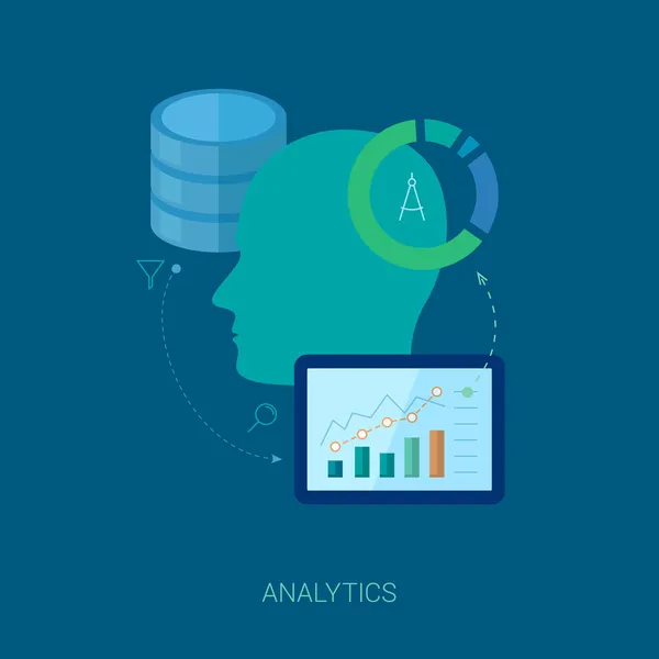 Ícones de design plano analítico. Publicidade na Internet, desenvolvimento de negócios, pesquisa de marketing, consultoria, big data e conceitos de banco de dados. Web & mobile services vector illustration. Cabeça humana . — Vetor de Stock