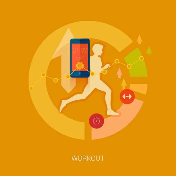 Running man vector illustration. Sporting person, workout, training and real time achievement analytic tracking through smartphone apps modern flat design icons concept. — Stock Vector