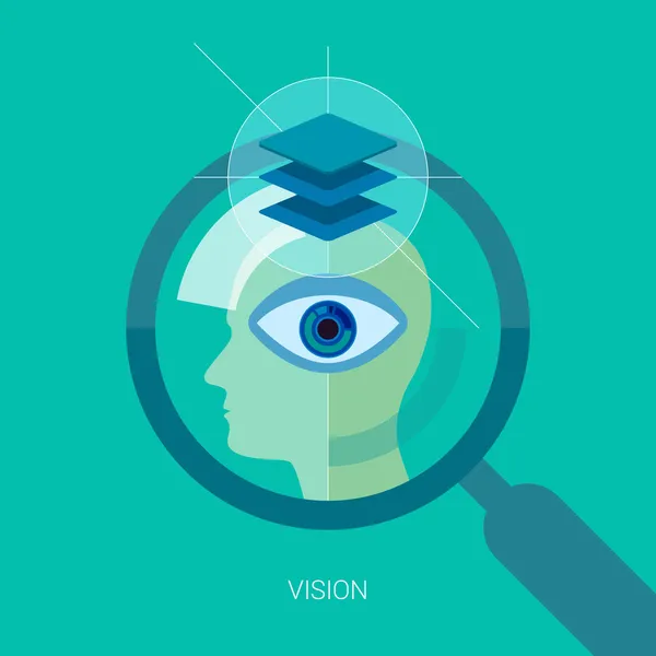 Vision flat design icon concept. Internet advertising business development, internet marketing research, consulting and graphic design. Web & mobile services vector illustration. Human head and eye. — Stock Vector