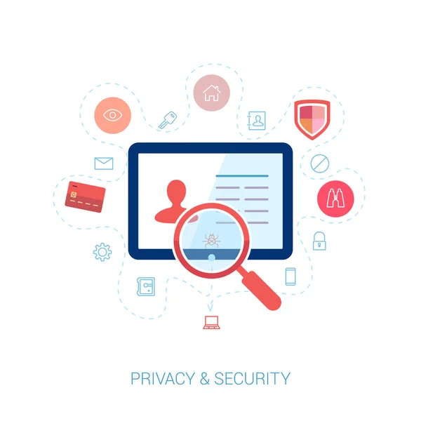 Set of modern flat design icons on the topic of online security, privacy protection and data safety. Spying computer bug under investigation lens on the user personal profile vector illustration. — Stock Vector