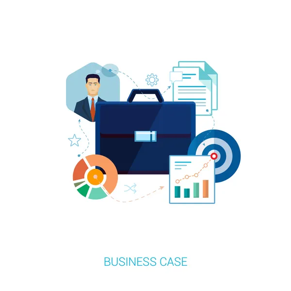 Business Case Set von flachen Icons Vektor Illustration. schwarzer Lederetui in Dokumenten, Analysekarten und Geschäftsmann im Anzug. — Stockvektor