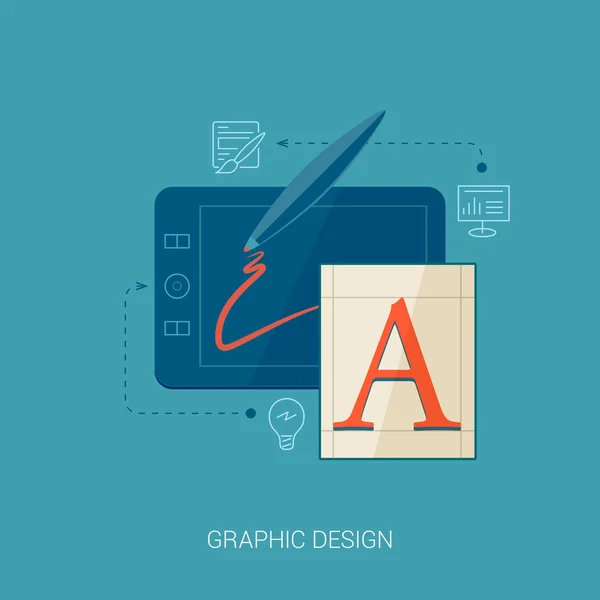 Illustrazione di icone vettoriali di progettazione grafica in stile piatto per servizi web e mobili. Luogo di lavoro professionale creativo. Concetto di creazione tipografica. Pubblicità e graphic design icone di applicazioni moderne . — Vettoriale Stock