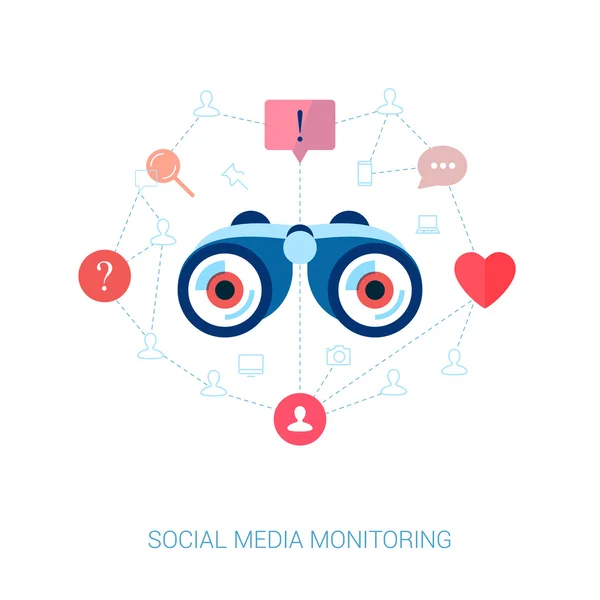 Set van moderne platte ontwerp iconen op het onderwerp van corporate merk monitoring en sociale media marketing. sociale grafiek en verbinding in web vectorillustratie. Web reclame moderne apps pictogrammen. — Stockvector