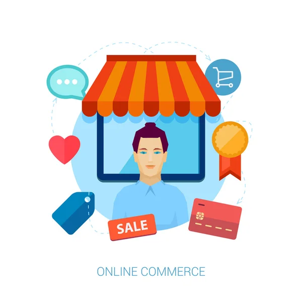 Compras on-line design plano vetor ilustração concepts.vector ilustração com vendedor mulher na frente da loja galpão . —  Vetores de Stock