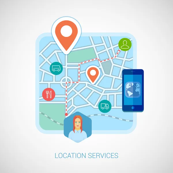 Konum servisleri, harita ve navigasyon için düz tasarım vektör illüstrasyon kavramlar. web afiş ve basılı malzemeleri için kavramlar. akıllı telefonlar vektör çizim için online ve mobil harita.