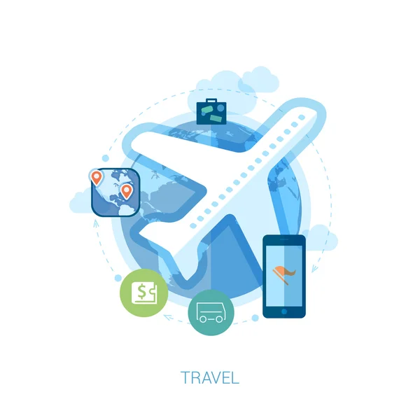 Σύνολο εικονιδίων μοντέρνα επίπεδη σχεδίαση για το θέμα της σύγχρονης online ταξιδιωτικό, διακοπές και αργίες. αεροπλάνο πάνω από την υδρόγειο εικονίδιο εικονογράφηση φορέας. — Διανυσματικό Αρχείο