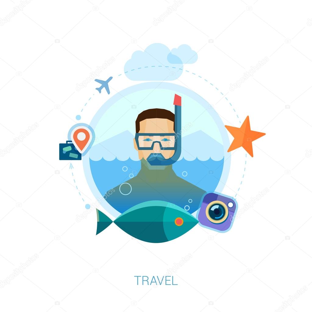 Snorkeling man over sea waters vector illustration. Modern flat design icons concept for travel, leisure, vacation, swimming and diving, fishing and tropical holidays.