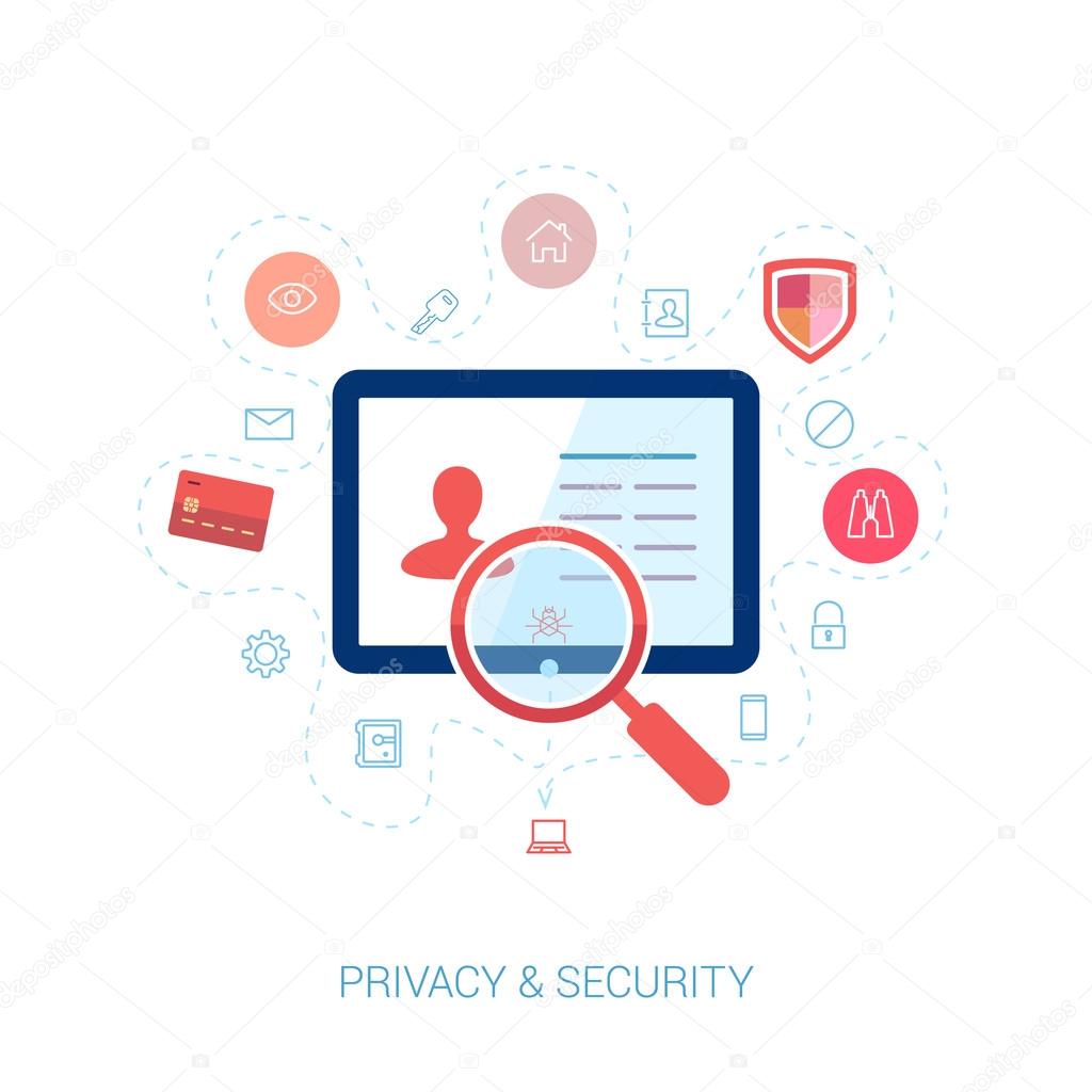 Set of modern flat design icons on the topic of online security, privacy protection and data safety. Spying computer bug under investigation lens on the user personal profile vector illustration.
