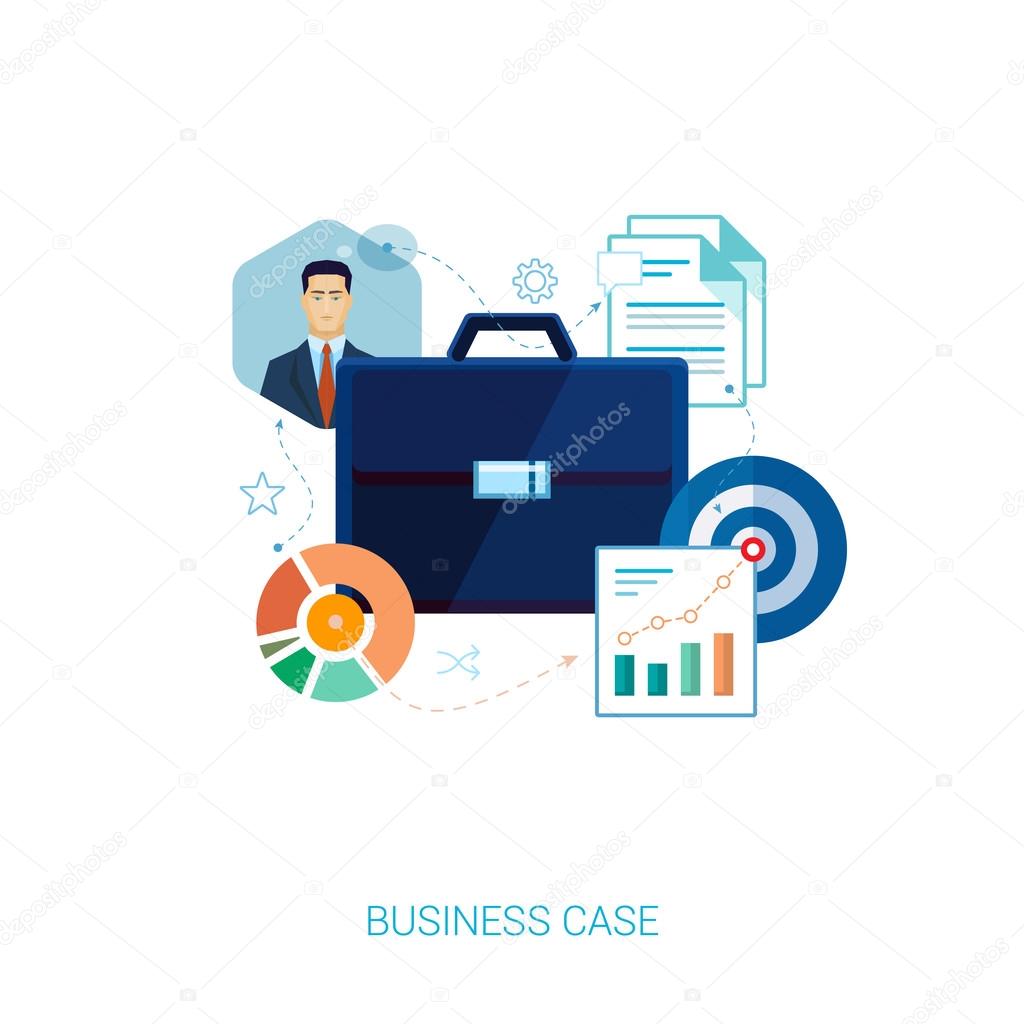 Business case set of flat icons vector illustration. Black leather case in documents, analytic charts and business man in suit.