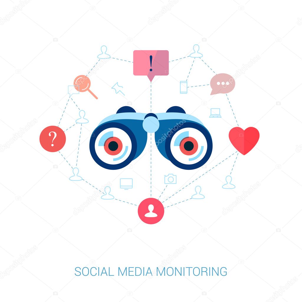 Set of modern flat design icons on the topic of corporate brand monitoring and social media marketing. Social graph and connection in web vector illustration. Web advertising modern apps icons.