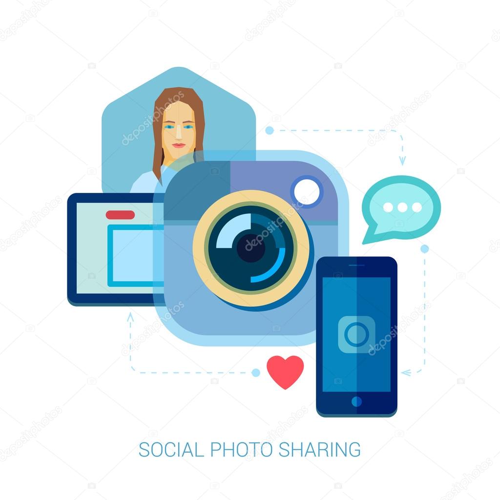 Social photo sharing and selfie flat design concept icons for web and mobile phone services and apps. Mobile phone apps for photo and video sharing vector illustration concepts set with a woman.