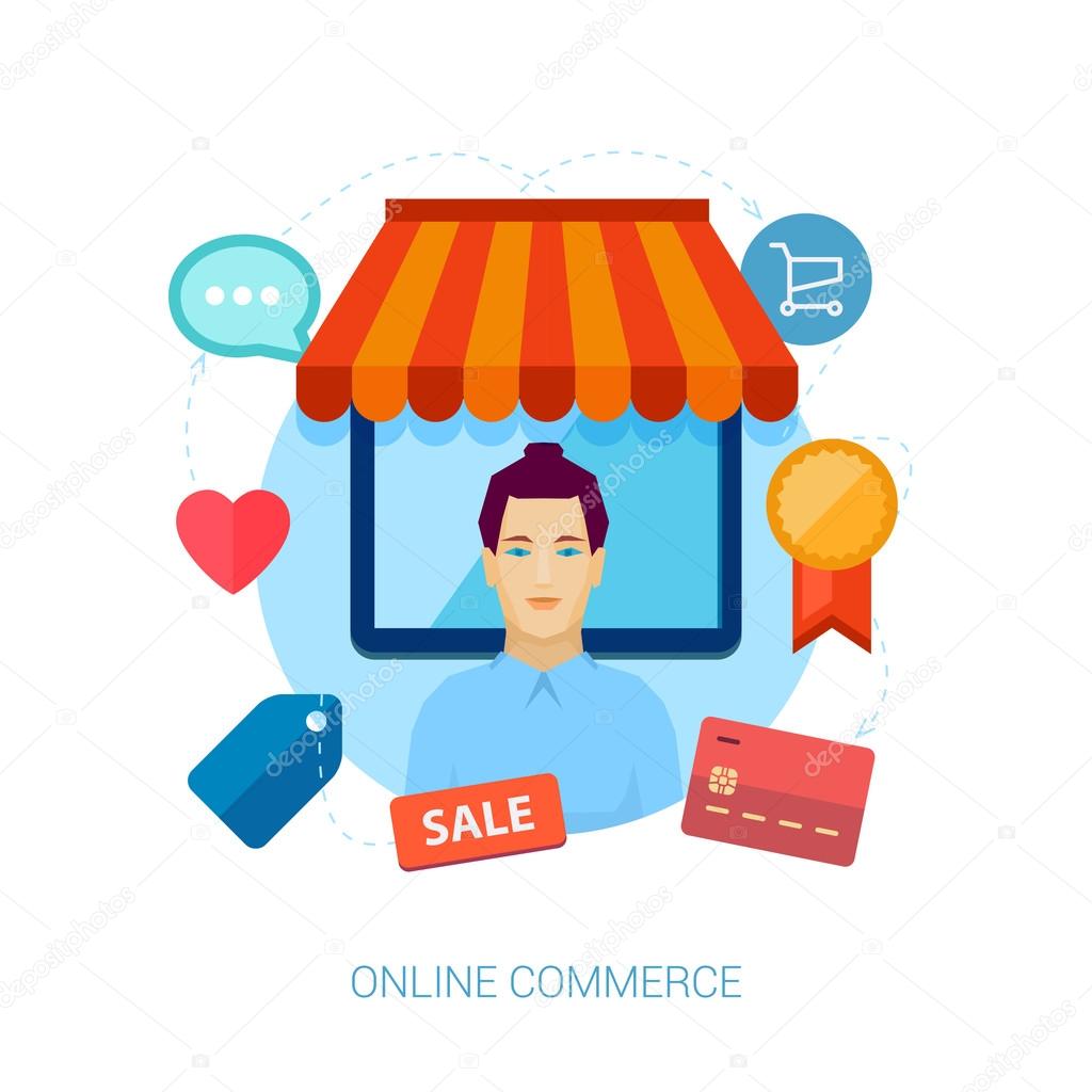 Online shopping flat design vector illustration concepts.vector illustration with woman seller in front of store shed.