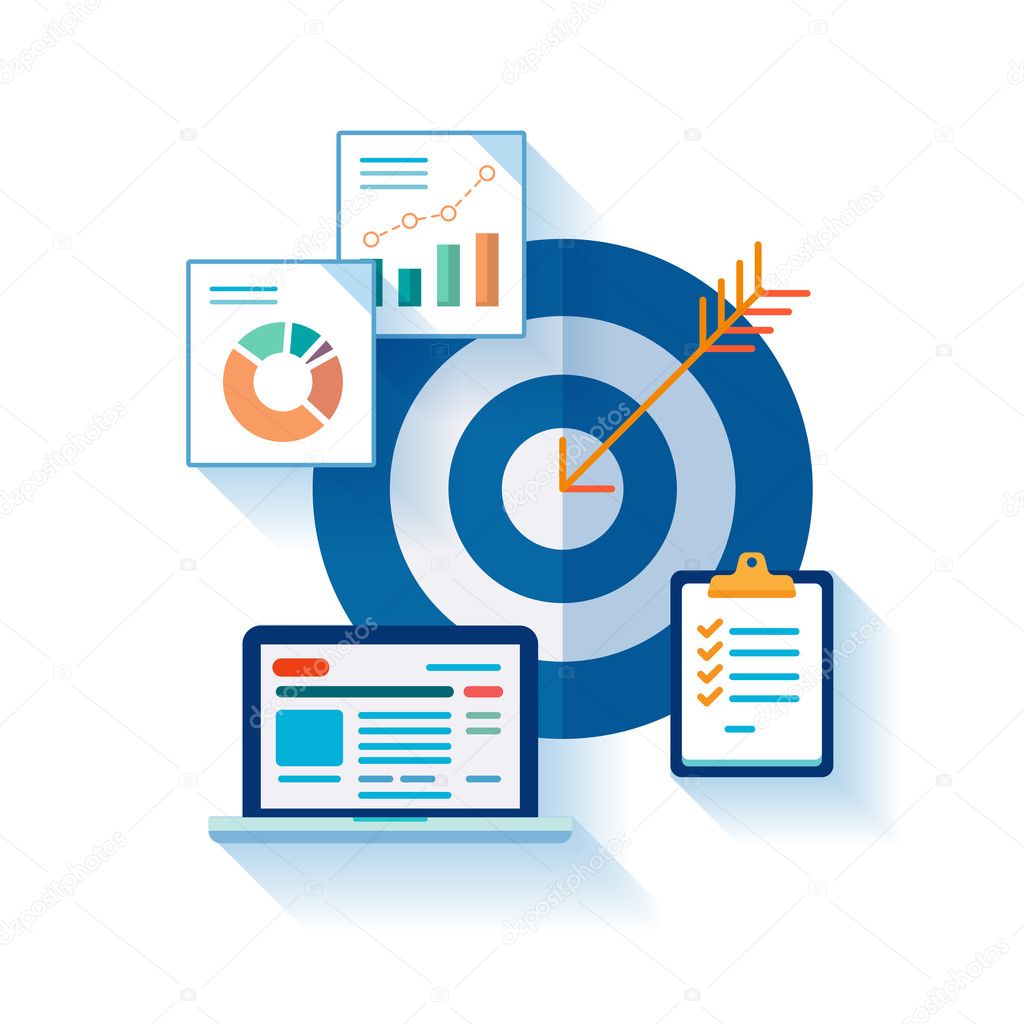 Flat design concept icons for web and mobile phone services and apps. Marketing online analytic and optimization concept symbols. Target, tasks, charts concept illustration on white background.